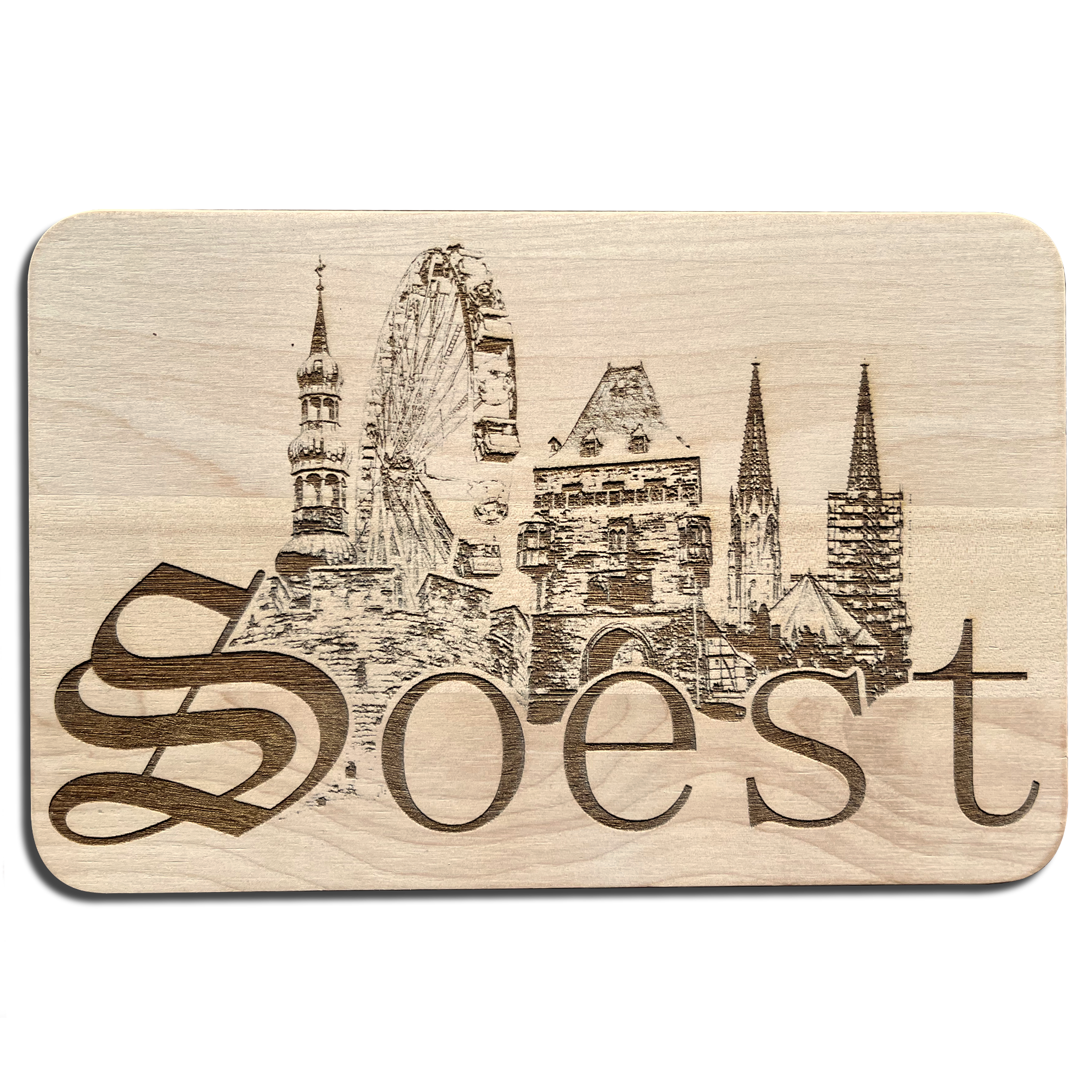 Die Skyline von Soest als Holzgravur auf einem Frühstücksbrettchen, mit großem Schriftzug von Soest