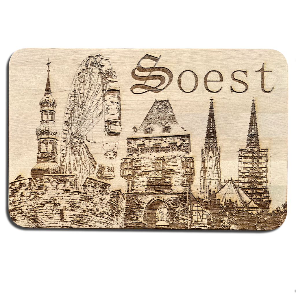 Die Soester Skyline in groß auf einem Frühstücksbrettchen mit kleinem Schriftzug Soest