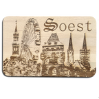 Die Soester Skyline in groß auf einem Frühstücksbrettchen mit kleinem Schriftzug Soest