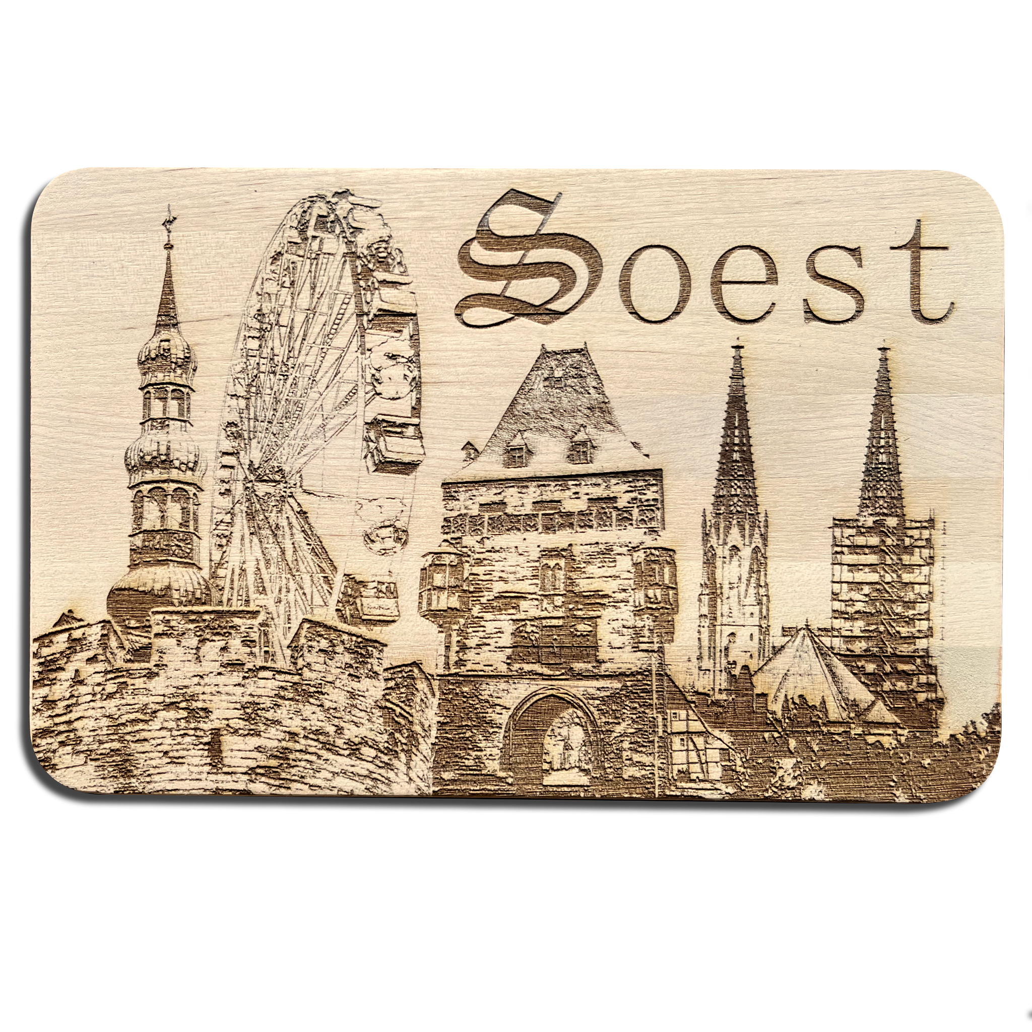 Die Soester Skyline in groß auf einem Frühstücksbrettchen mit kleinem Schriftzug Soest