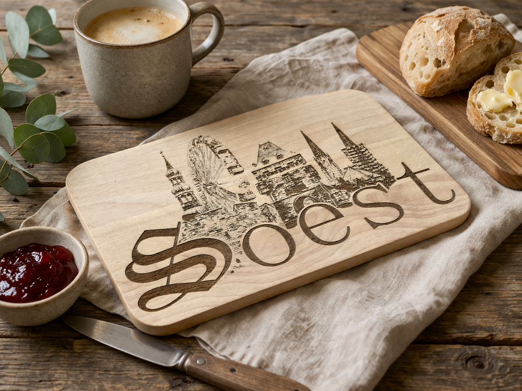 Frühstücksbrettchen aus Holz mit der gravierten Soester Skyline auf einem Küchentisch