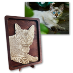 Foto einer Katze im Liegen und als Vergleich das daraus entstandene Holzbild.