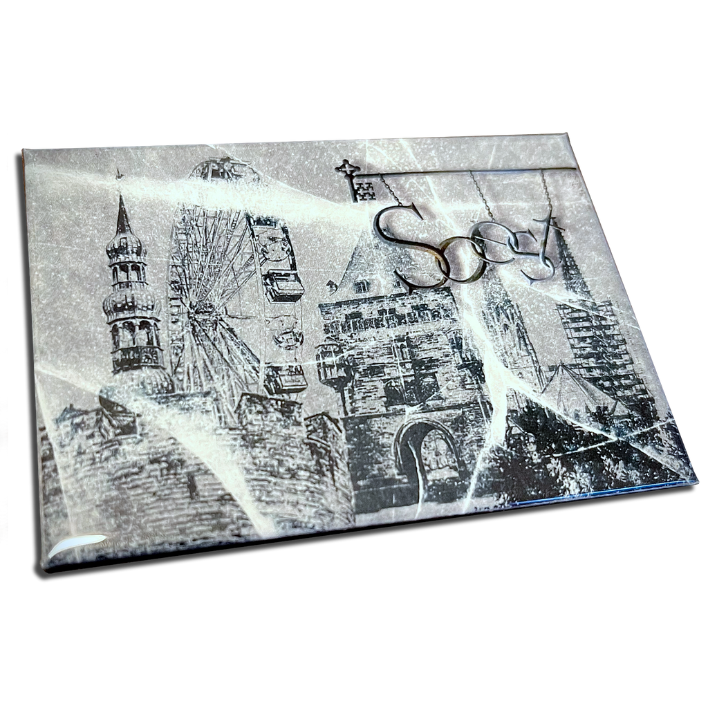 Die Soester Skyline auf einem Kühlschrankmagneten mit stilisiertem Schriftzu von Soest
