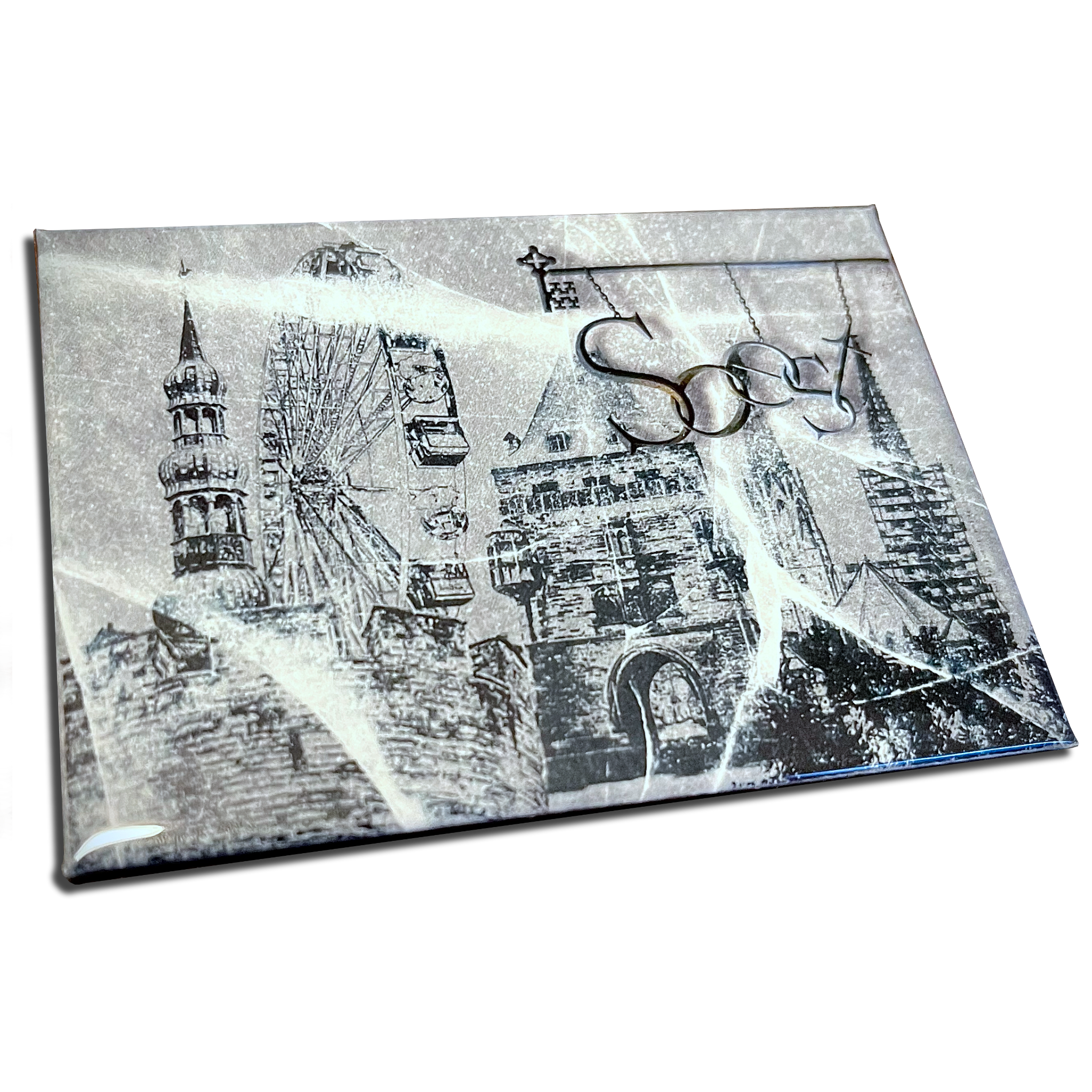 Die Soester Skyline auf einem Kühlschrankmagneten mit stilisiertem Schriftzu von Soest