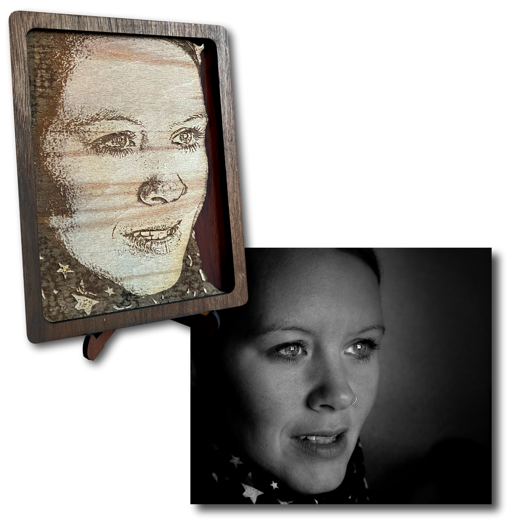 Vergleich zwischen Originalfoto und der daraus entstandenen Gravur auf Holz